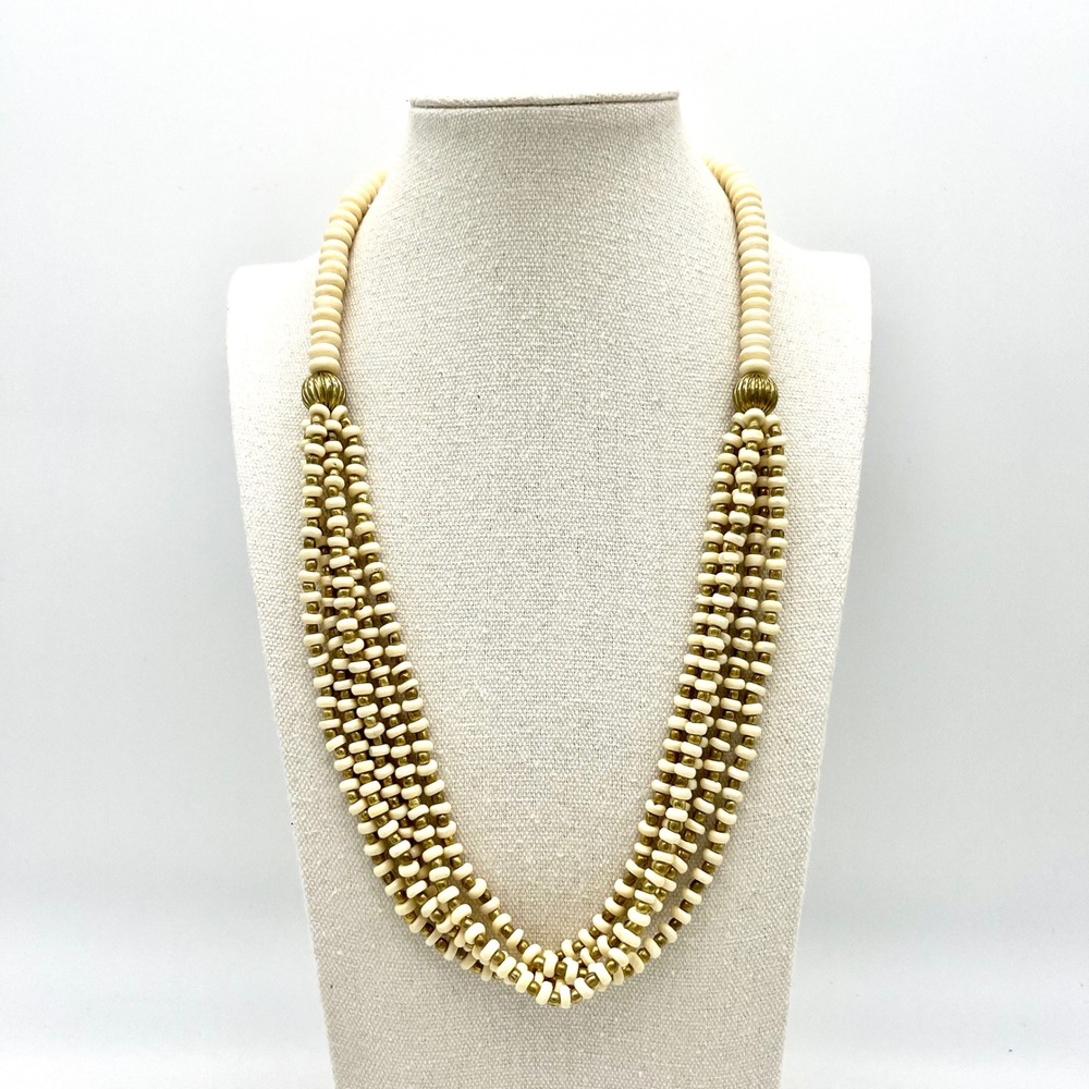 Stunning Vintage Bovine Bone Beaded‎ Necklace Multi Strand Statement Jewelry